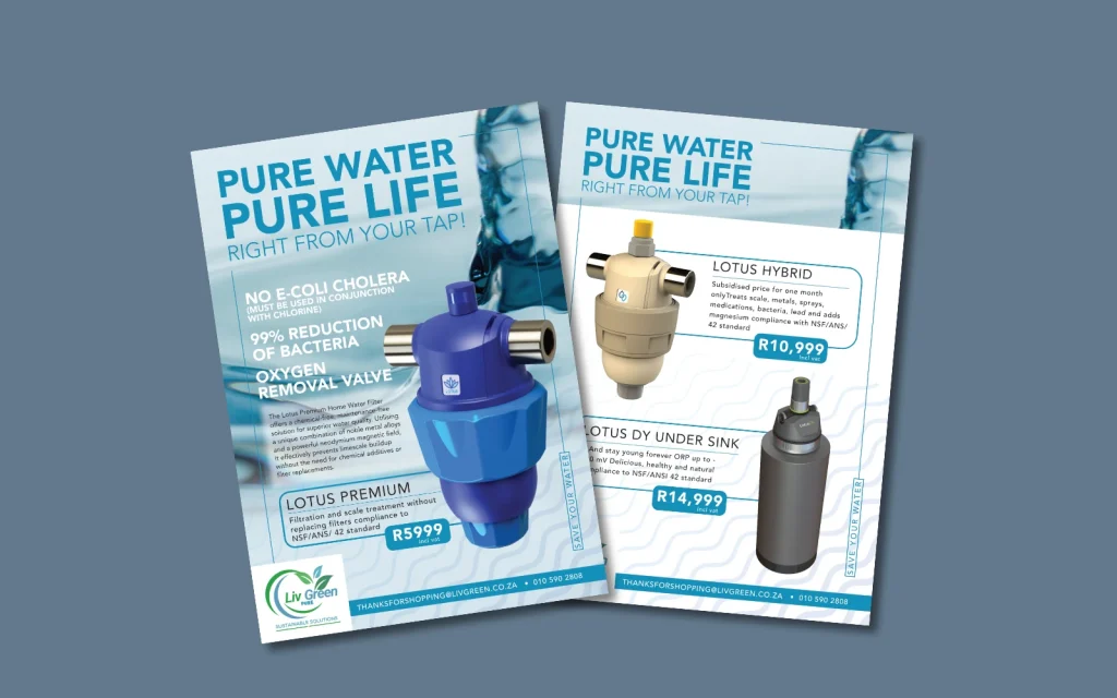 Flyer for Liv Green showcasing their home water filters