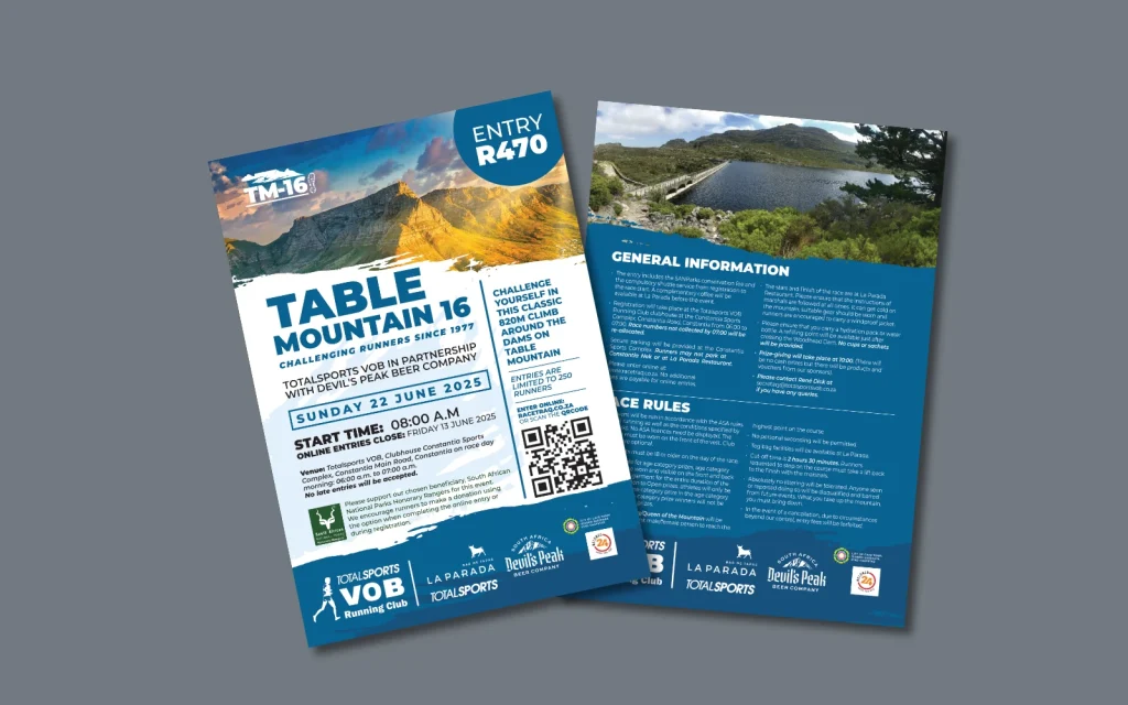 Digital flyer promoting the Table Mountain Challenge presented by VOB Running Club